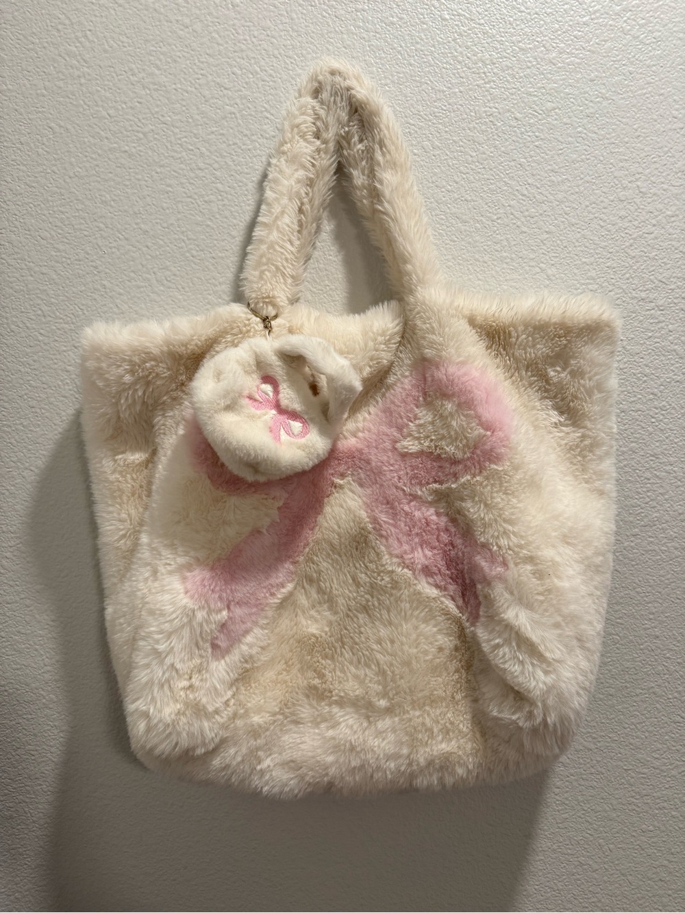 Faux Fur Cream and Pink Tote with Bow Charm
